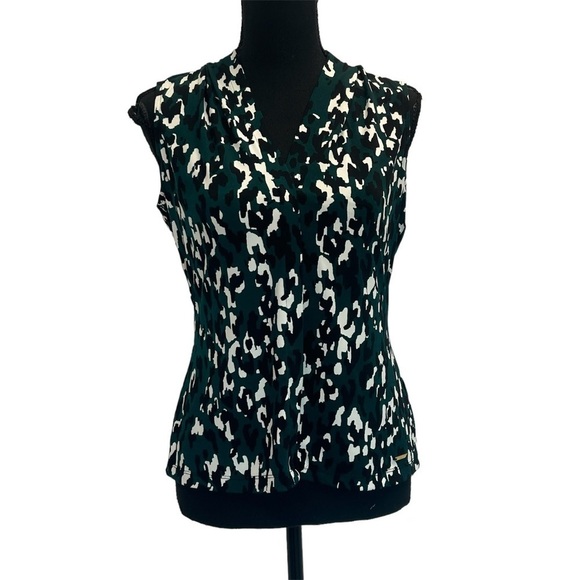 Calvin Klein emerald green black white Sleeveless Leopard-Print Blouse Sz XS - Picture 2 of 12